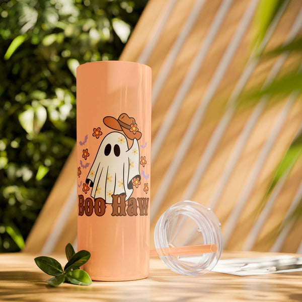 Boo Haw Retro Happy Ghost Printed Skinny Tumbler with Straw, 20oz! Multiple Colors! Halloween!