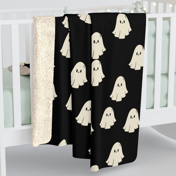 Black Happy Little Retro Ghost Sherpa Fleece Blanket! Halloween!