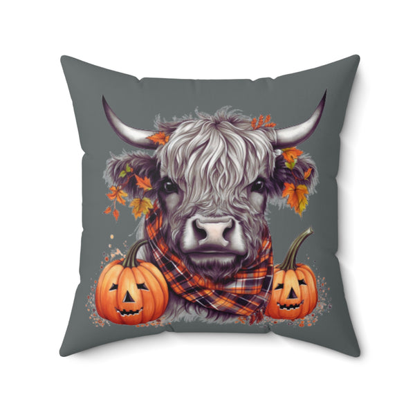 Spooky Grey Scottish Highlander Cow Square Pillow! Halloween! Fall Vibes!