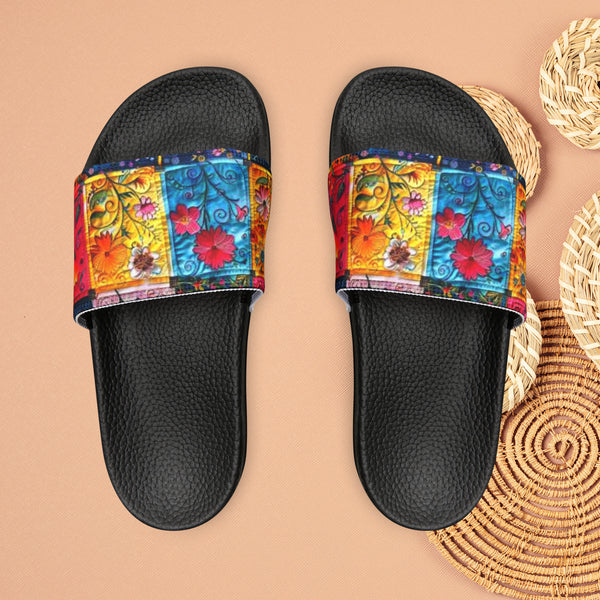 Boho Patchwork Embroidery Print Summer Beach Slides, Women's PU Slide Sandals! Free Shipping!!!