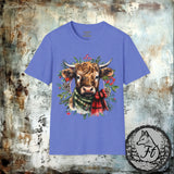 1 Highlander Christmas Cow With Wreath Unisex Graphic Tees! Winter Vibes! All New Heather Colors!!!