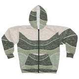 Green Beige Color Block Wave Unisex Full Zip Jacket! Polyester exterior, Fleece interior! Free Shipping!