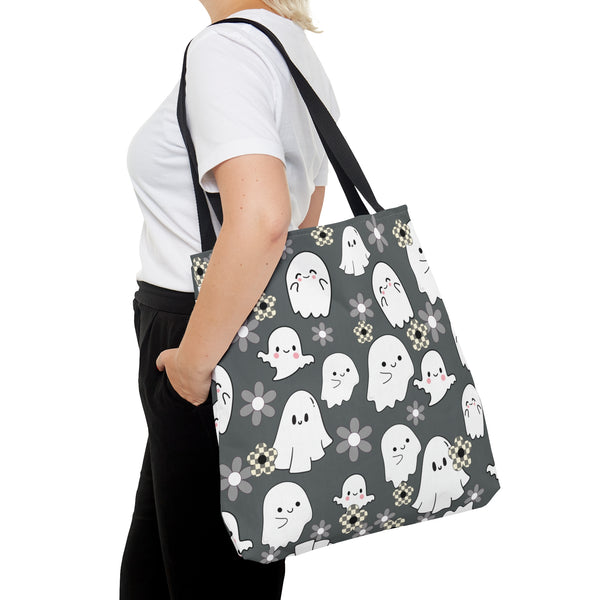 Steel Grey Happy Little Retro Ghost Halloween Fall Vibes Tote Bag!