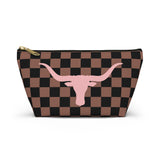 Chocolate and Black Plaid Pink Longhorn Travel Accessory Pouch, Check Out My Matching Weekender Bag! Free Shipping!!!