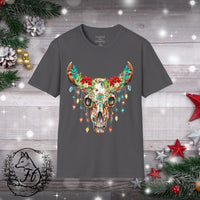 Highlander Christmas Cow Skull Christmas Lights Wreath Unisex Graphic Tees! Winter Vibes! All New Heather Colors!!!