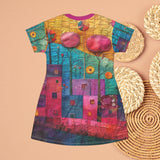 Boho Quilt Patchwork Villages in Pink Oversized Tee!! Great For Sleeping, Lounging, Swimming! Free Shipping!!!