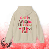 Pink Beige God is Within Her She Will Not Fall Psalms 46:5 Back Designs Unisex Heavy Blend Hooded Sweatshirt! Free Shipping!!!