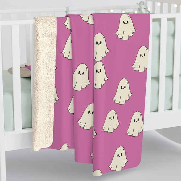 Pink Happy Little Retro Ghost Sherpa Fleece Blanket! Halloween!