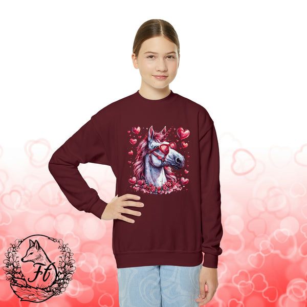 Valentines Day Unicorn Pink Horse Sunglasses Red Hearts Youth Crewneck Sweatshirt! Foxy Kids! Free Shipping!