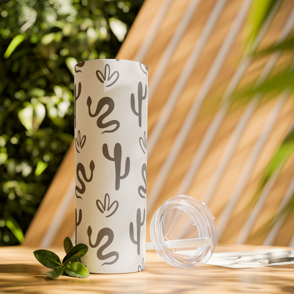Western Inspired Snakes and Cactus Black and Grey Skinny Tumbler with Straw, 20oz!
