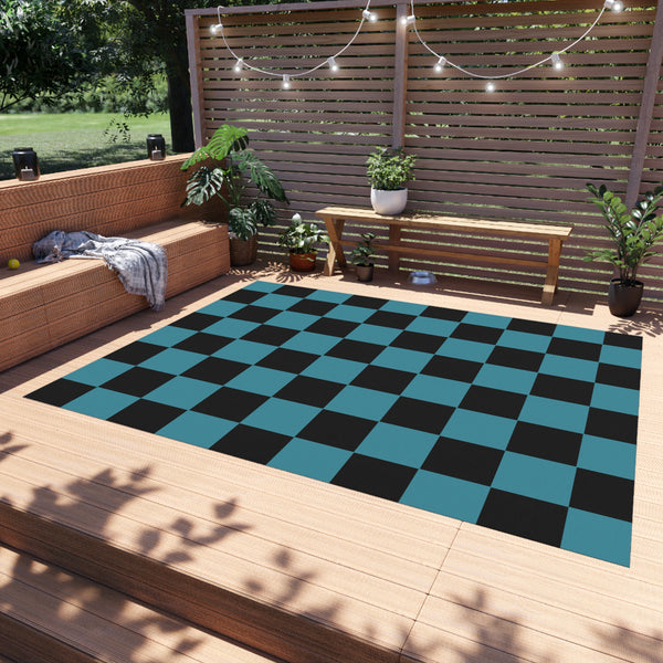 Teal Checkered Non Slip Outdoor Rug! Chenille Fabric! Free Shipping!