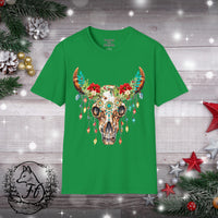 Highlander Christmas Cow Skull Christmas Lights Wreath Unisex Graphic Tees! Winter Vibes! All New Heather Colors!!!