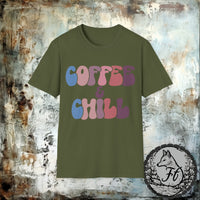 Coffee and Chill Purple and Blue Retro Unisex Graphic Tees! Sarcastic Vibes!