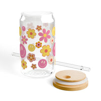 Boho Pink Daisy Smiley Sipper Glass, 16oz! BPA Free! Free Shipping! Made in The USA!