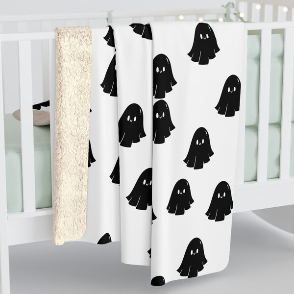 White and Black Happy Little Retro Ghost Sherpa Fleece Blanket! Halloween!