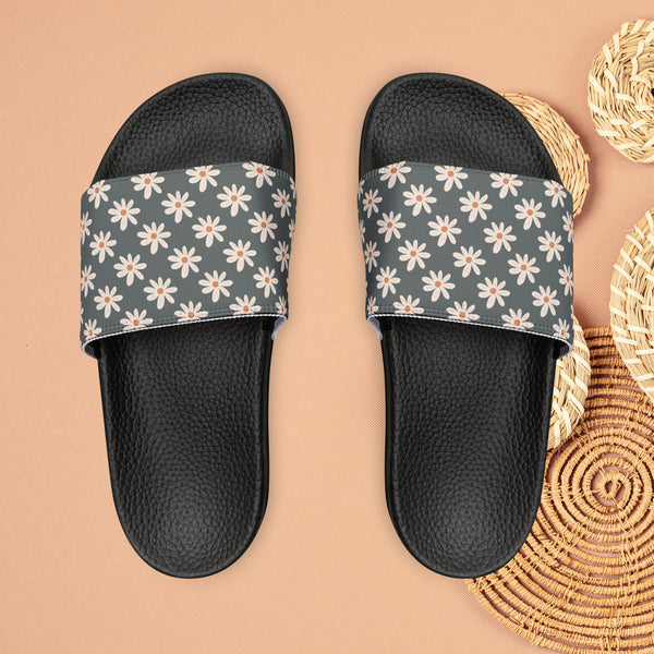 Grey Daisy Flower Print Summer Beach Slides, Women's PU Slide Sandals! Free Shipping!!!