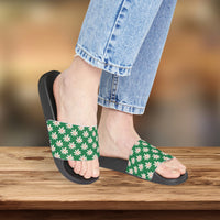 Vibrant Green Daisy Flower Print Summer Beach Slides, Women's PU Slide Sandals! Free Shipping!!!