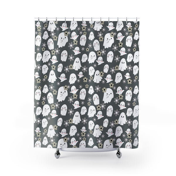 Retro Grey 70's Inspired Happy Little Ghost Shower Curtains! Fall Vibes! Halloween!