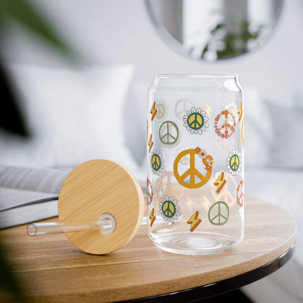 Retro Peace Sign Medley Sipper Glass, 16oz! BPA Free! Free Shipping! Made in The USA!
