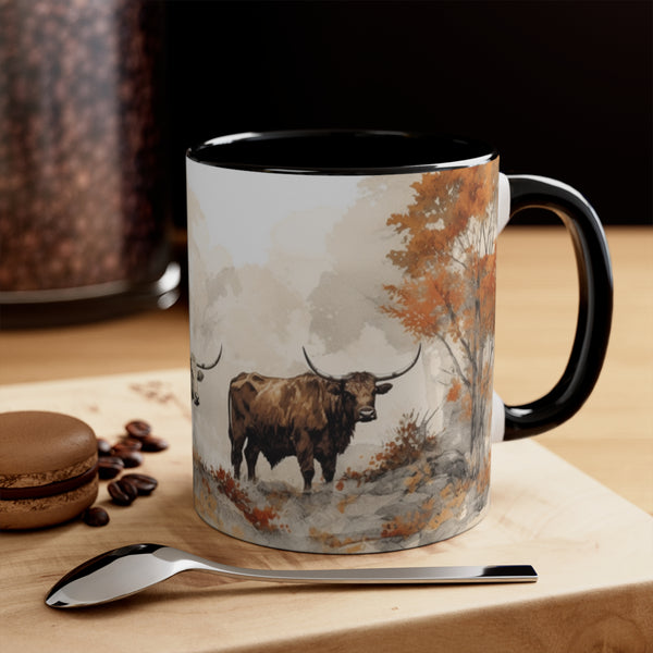 Acid Wash Highlander Brown and White Cows Autumn Accent Coffee Mug, 11oz! Multiple Colors Available! Fall Vibes!