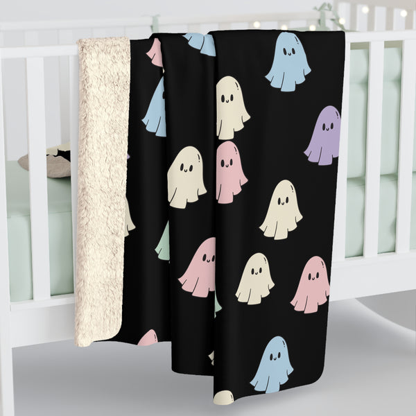 Black Pastel Happy Little Retro Ghost Sherpa Fleece Blanket! Halloween!