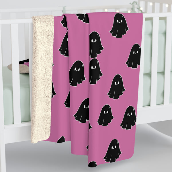 Pink and Black Happy Little Retro Ghost Sherpa Fleece Blanket! Halloween!