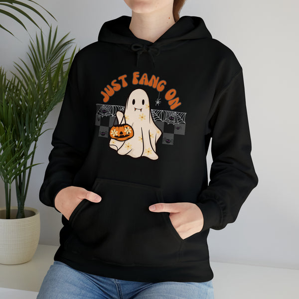 Just Fang On Retro Ghost Unisex Heavy Blend Hooded Sweatshirt! Fall Vibes! Halloween!