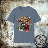 1 Highlander Christmas Cow With Wreath Unisex Graphic Tees! Winter Vibes! All New Heather Colors!!!