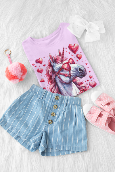 Valentines Day Pink Unicorn Horse With Sunglasses Hearts Kids Heavy Cotton Tee! Foxy Kids! Free Shipping!