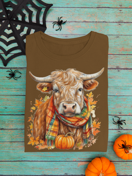 1 Highlander Cow Wearing Scottish Inspired Fall Themed Scarf Unisex Graphic Tees! Halloween/Fall Vibes!