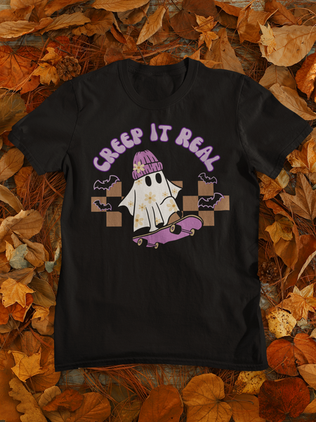 Creep it Real Retro Skate Boarding Ghost Unisex Graphic Tee! Halloween! Fall Vibes!