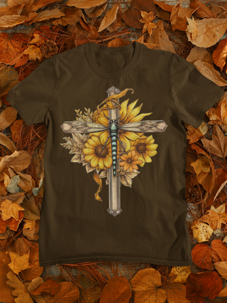 1 Dragonfly Cross Sunflower Unisex Graphic Tees! Halloween! Fall Vibes!