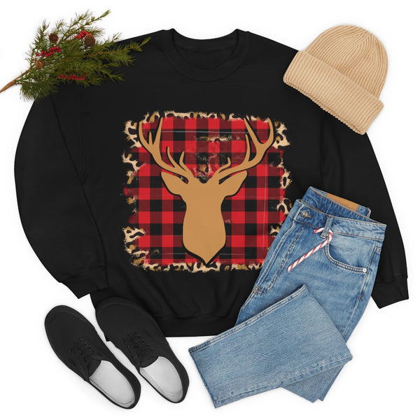 Minimalistic Buffalos Plaid Deer Holiday Unisex Heavy Blend Crewneck Sweatshirt! Winter Vibes!