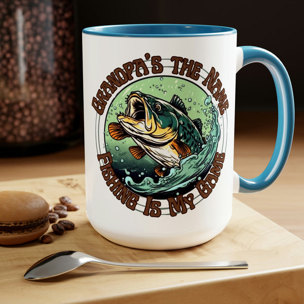 Grandpas The Name and Fishing is My Game Two-Tone Coffee Mugs, 15oz! Fathers Day!