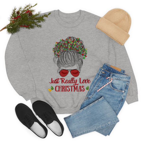 Just Really Love Christmas Bun Girl holiday Lights Unisex Heavy Blend Crewneck Sweatshirt! Winter Vibes!