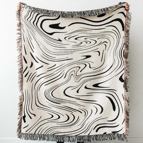 Luxurious Black Water Waves Cotton Tapestry Blanket for Home and Travel