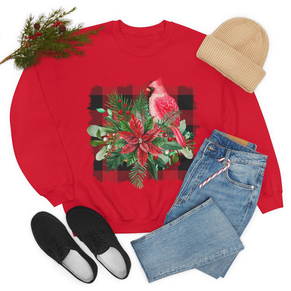 Red Cardinal Buffalo Print Holiday Unisex Heavy Blend Crewneck Sweatshirt! Winter Vibes!