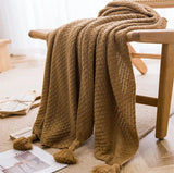 Luxurious Chunky Knit Tasseled Throw Blanket - Soft Acrylic Waffle Embossed Bedspread