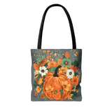 Teal and Orange Pumpkin Floral Autumn Fall Vibes Tote Bag!