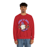 Creep it Real Skate Boarding Retro Ghost Unisex Heavy Blend Crewneck Sweatshirt! Halloween! Fall Vibes!