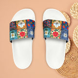 Boho Patchwork Navy and Yellow Summer Beach Slides, Women's PU Slide Sandals! Free Shipping!!!