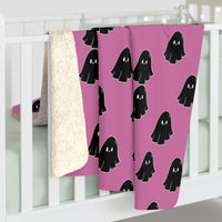 Pink and Black Happy Little Retro Ghost Sherpa Fleece Blanket! Halloween!