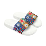 Boho Patchwork Navy and Yellow Summer Beach Slides, Women's PU Slide Sandals! Free Shipping!!!