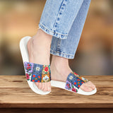 Boho Patchwork Navy and Yellow Summer Beach Slides, Women's PU Slide Sandals! Free Shipping!!!