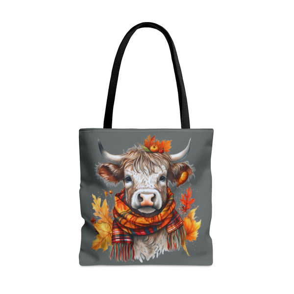 Steel Grey Highlander Cow Wearing Scottish Scarf Fall Vibes Tote Bag!