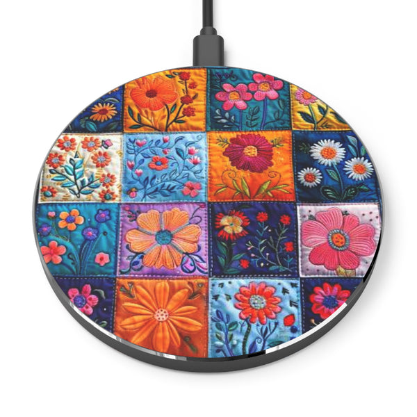 Boho Patchwork Quilt Pink and Navy Wireless Phone Charger! Free Shipping!!!