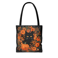 Floral Orange Pumpkin Cat Wreath Fall Vibes Tote Bag!