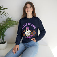 Creep it Real Skate Boarding Retro Ghost Unisex Heavy Blend Crewneck Sweatshirt! Halloween! Fall Vibes!