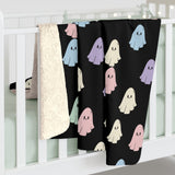 Black Pastel Happy Little Retro Ghost Sherpa Fleece Blanket! Halloween!