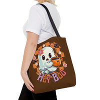 Hey Boo Happy Little Ghost Halloween Fall Vibes Tote Bag!